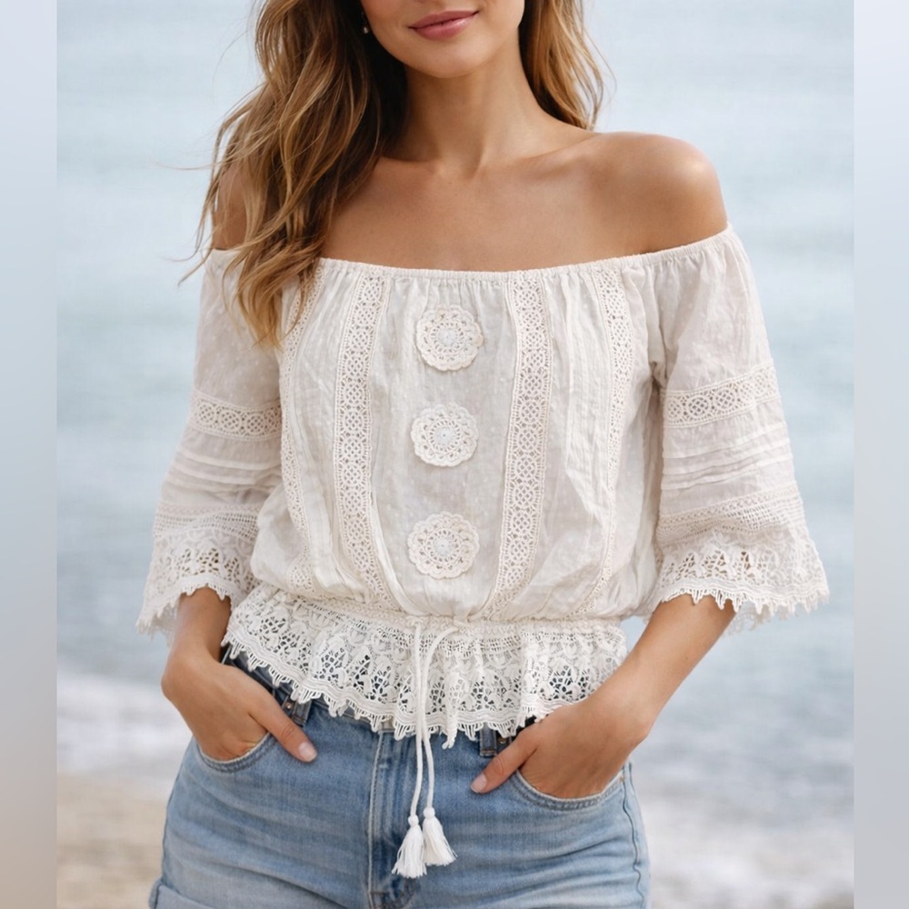 Vintage Charm Boho Prairie Lace Off Shoulder Peasant Blouse Ivory Cotton Medium